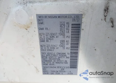 2017 Nissan Rogue Sv z USA, uszkodzony, nr VIN 5N1AT2MV0HC891510